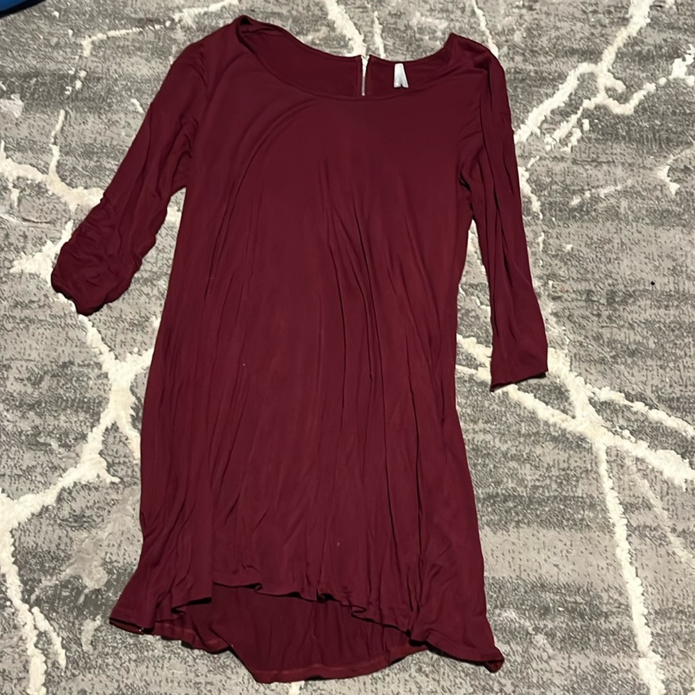Burgundy TShirt Dress- 3/4 Sleeve - Size L